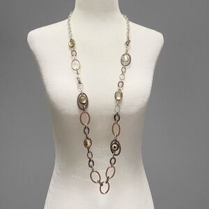 Long link silver and gold tone adjustable necklace with faceted yellow jewels